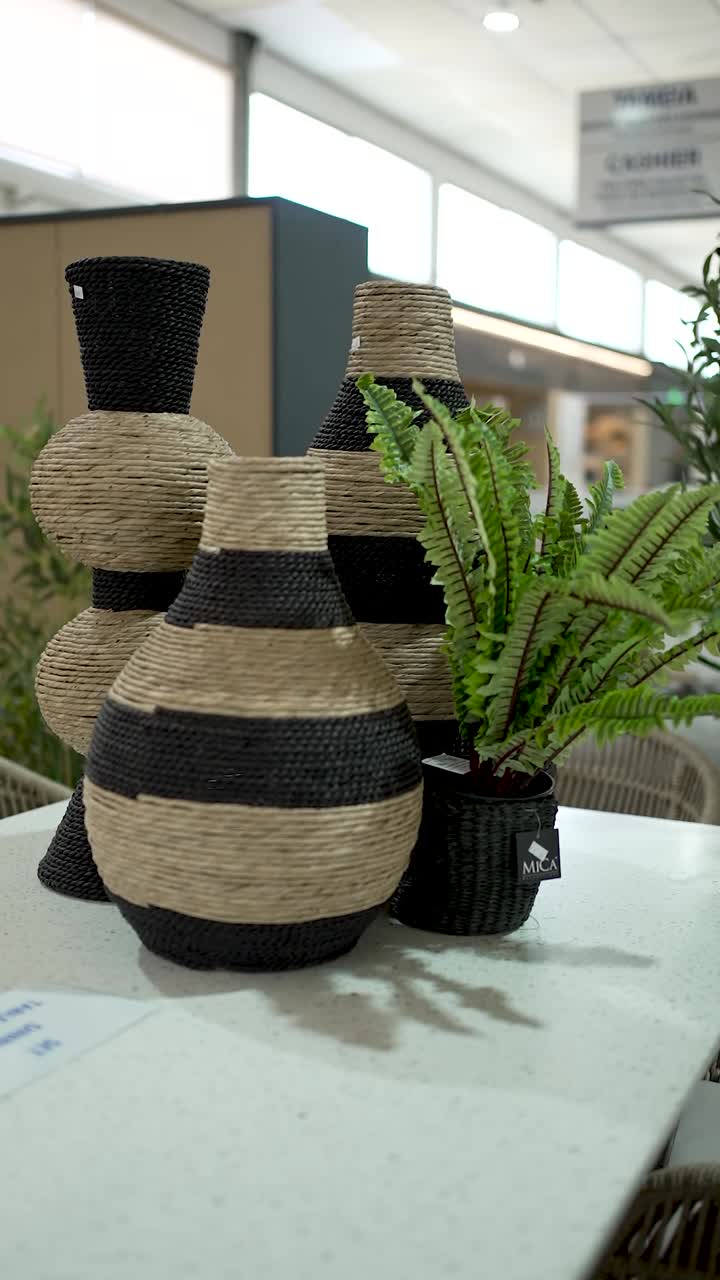 Beautifully arranged decorative vases made of woven material are showcased alongside lush green plants in a stylish home decor store, inviting creativity and inspiration