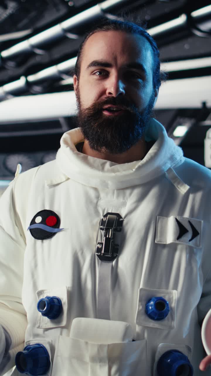 Vertical video Astronaut monitoring life support systems before stepping out of space station