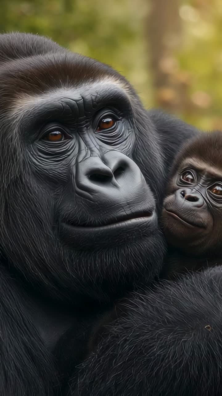 Video verticale: gorilla adulto che sorveglia un cucciolo nella foresta, il cucciolo ricambia lo sguardo e si accoccola