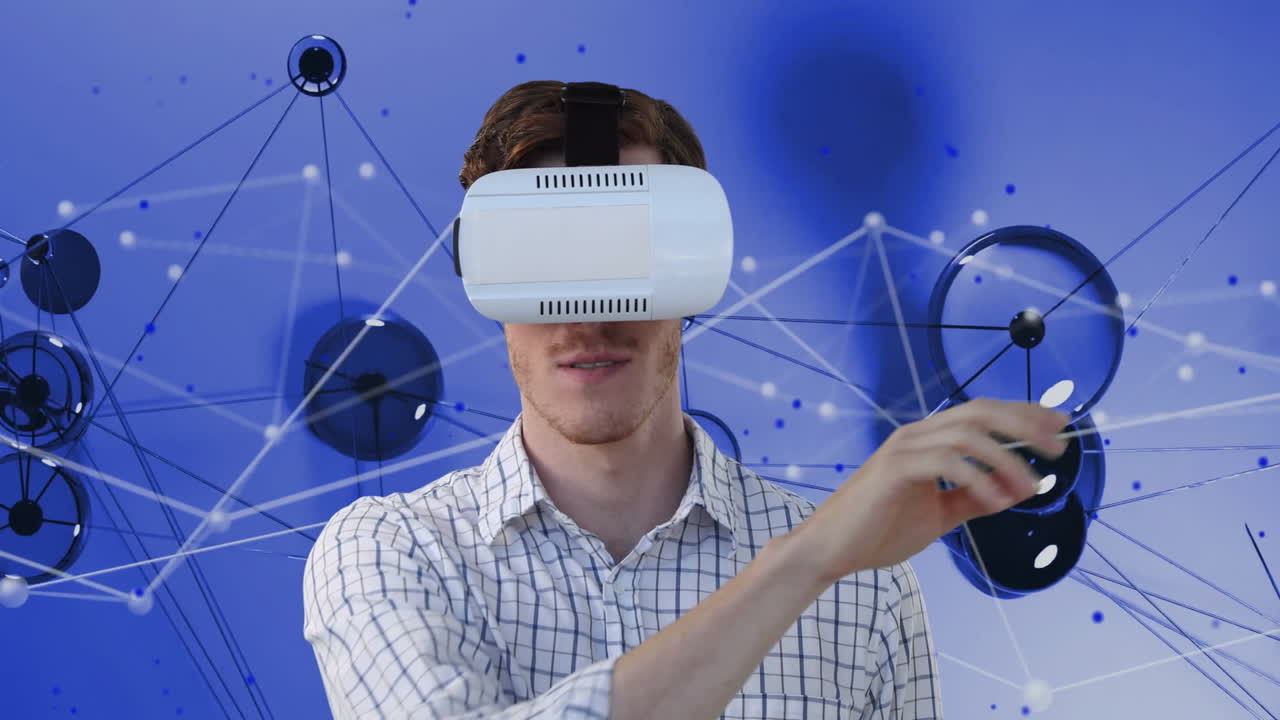 Using virtual reality headset, person experiencing animation with digital network backdrop