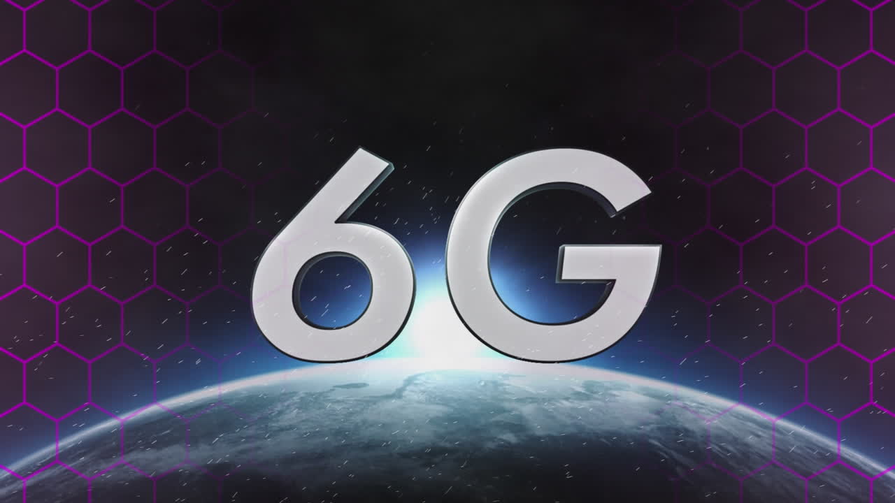 animación de texto de 6g en letras blancas sobre formas abstractas y amanecer en el cosmos