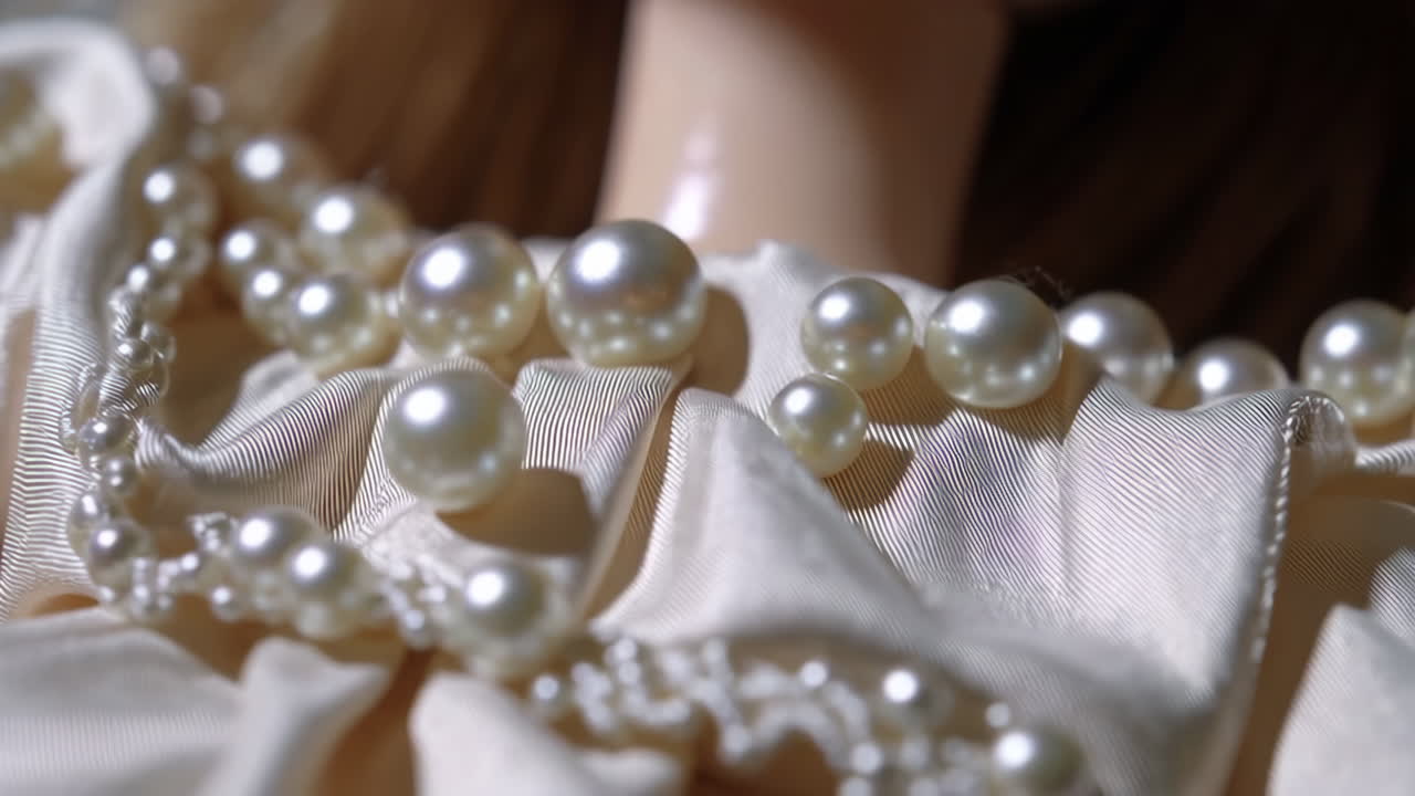 Close-up of pearls on a doll's satin neckline