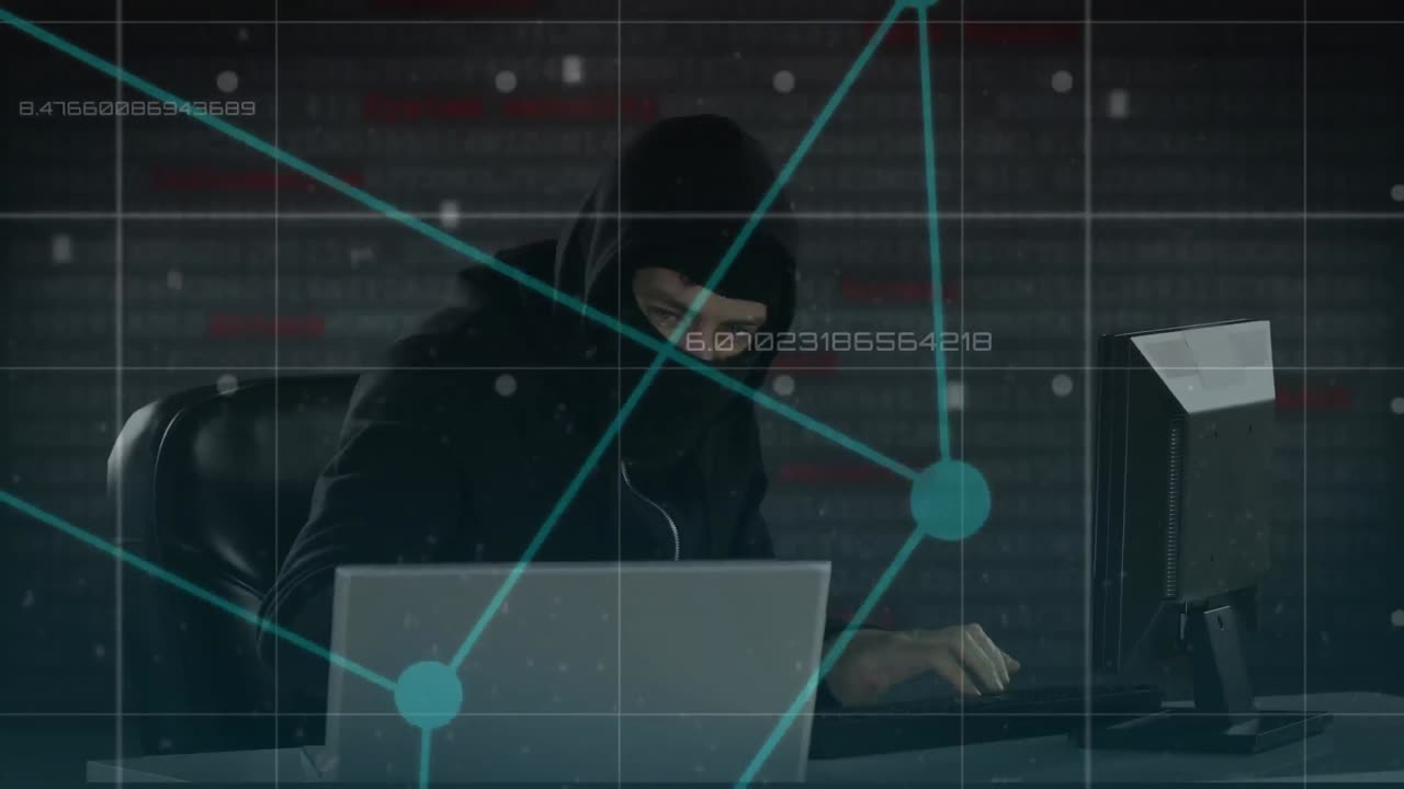 animación del procesamiento de datos sobre un hacker con una computadora portátil