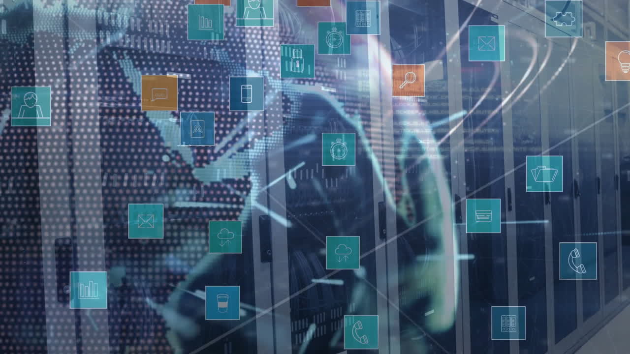 Digital icons and data processing animation over people working in server room