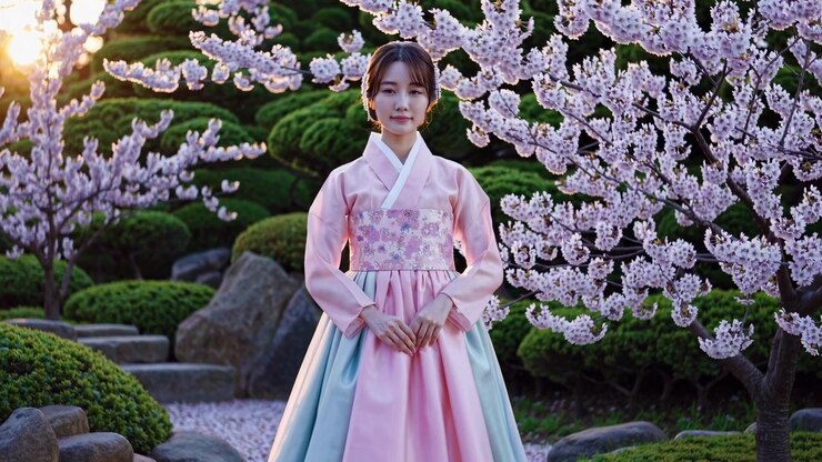 Giovane donna in tradizionale Hanbok coreano in piedi tra alberi di ciliegio in fiore