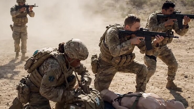Esercitazione di addestramento militare: soldati impegnati in un'operazione di salvataggio mentre evacuano un ferito su una barella in condizioni polverose e aride di un campo di addestramento.