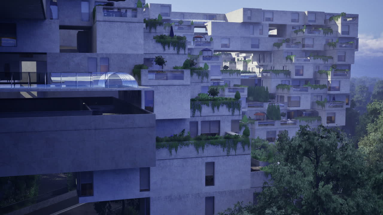 Modern architectural design featuring green terraces in a residential complex