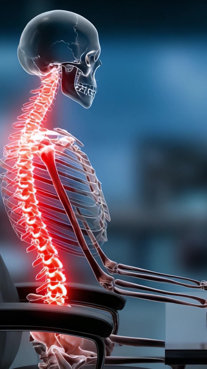 Fremstilling af et menneskeskelet i siddende stilling, der illustrerer rygsøjlens justering og potentiel belastning, og understreger vigtigheden af korrekt holdning inden for ergonomi