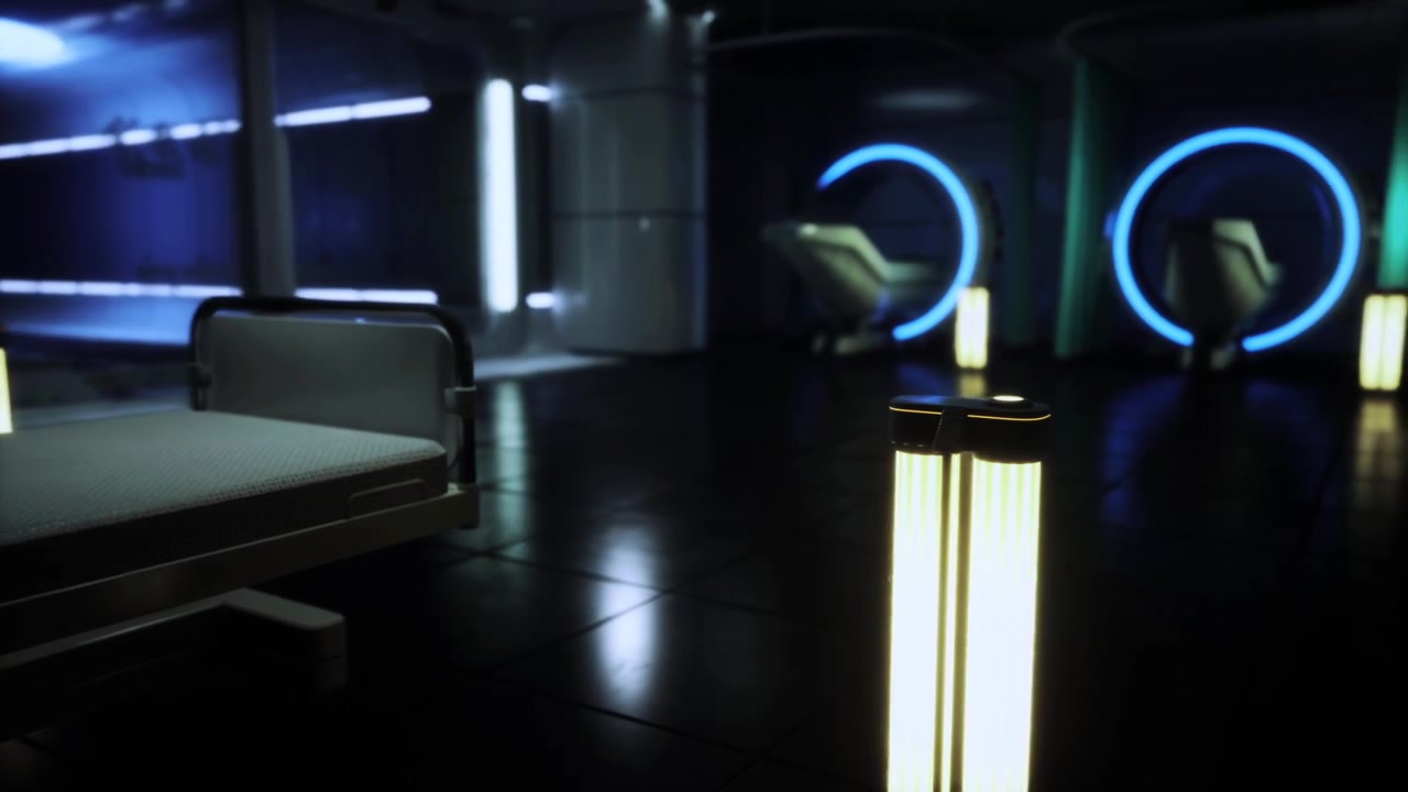 Salón nocturno sereno con un brillo suave y diseños de pared circulares