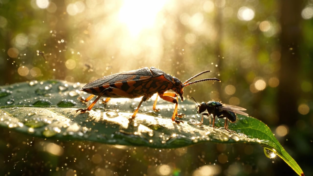 A Stunning Close-Up of a Colorful Insect on a Dewy Leaf, Bathed in Beautiful Sunlight and Creating a Magical Atmosphere in a Lush Green Environment
