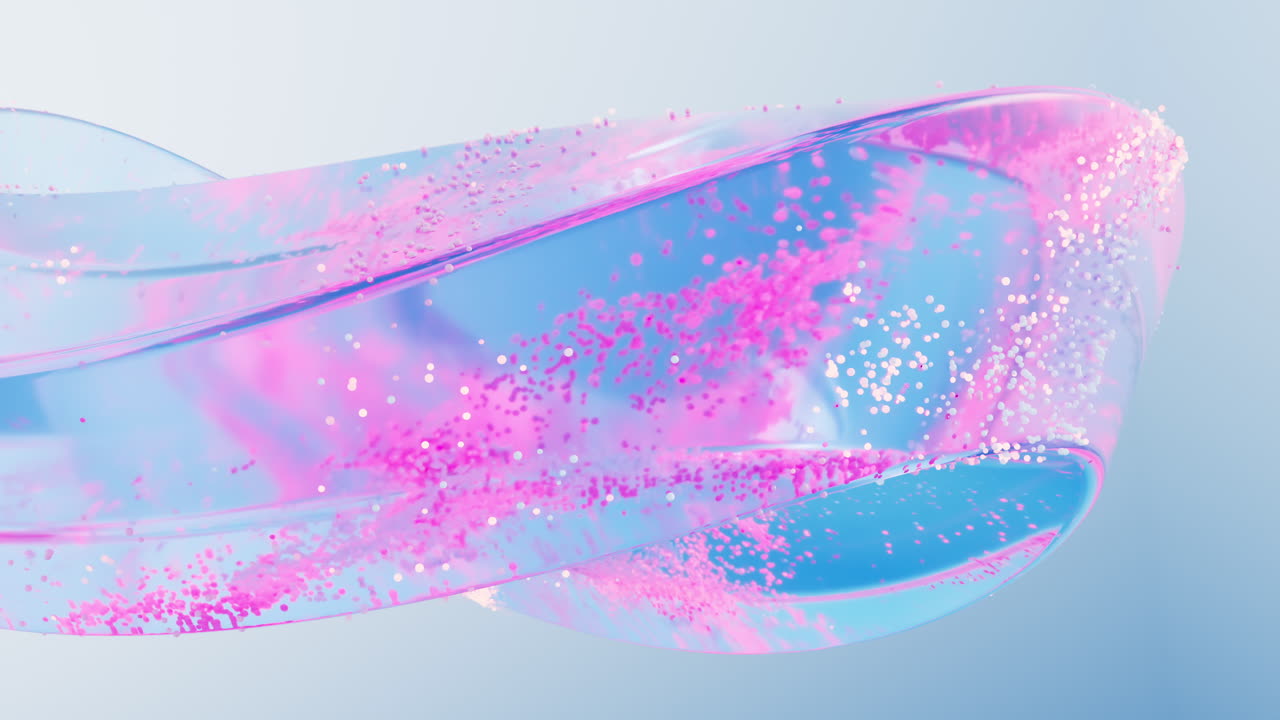 투명한 유리 기하학과 흐르는 입자, 3d 렌더링