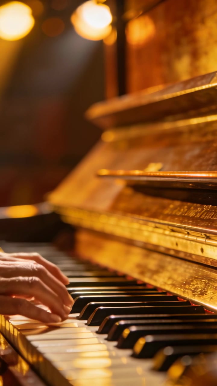 Video verticale: Mani di pianista che premono i tasti e si muovono su un pianoforte verticale, suonando sul palco, con maniche scure.