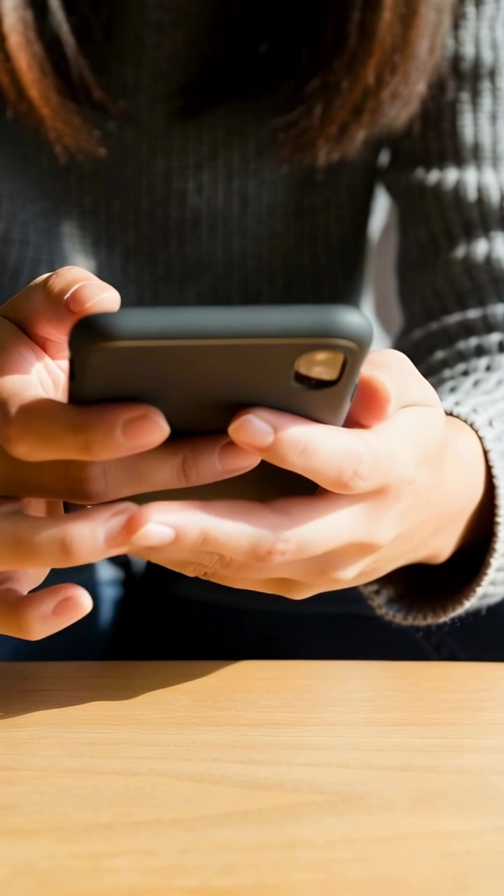 Vertical video: Reaching woman picking up phone from facedown checking screen at table sweater
