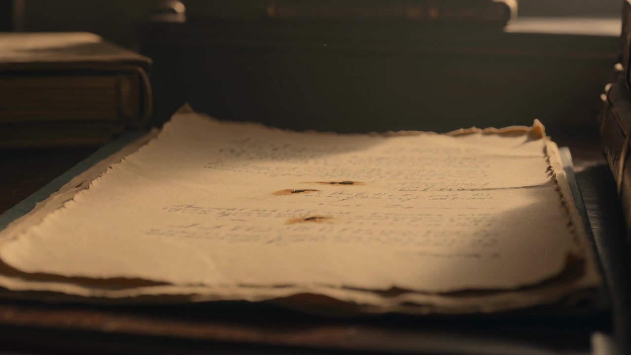 Regolando la messa a fuoco, la telecamera scorre su carte invecchiate sulla scrivania dello studio, mostrando una scrittura sbiadita e tre bruciature.