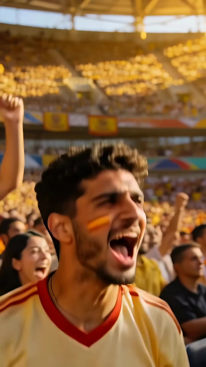 Video vertical: Hombre reaccionando levantando el puño y animando en las gradas después del partido, camiseta amarilla