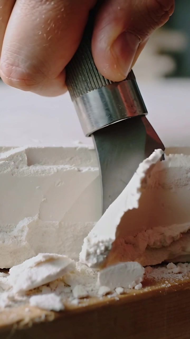 Video verticale: Mano che preme e tira una sgorbia su un tavolo di legno, modellando un blocco bianco e creando trucioli.