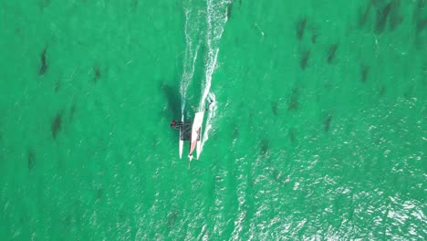 Overhead-birds-eye-drone-aerial-view-catamaran