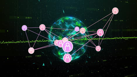 animación de procesamiento de datos digitales y globo y conexiones sobre fondo oscuro