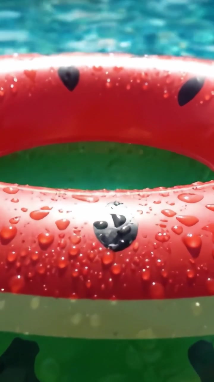 A Vibrant Watermelon-Themed Pool Float Surrounded by Sparkling Blue Water Captured in Stunning Detail, Perfect for Summer Fun and Relaxation.