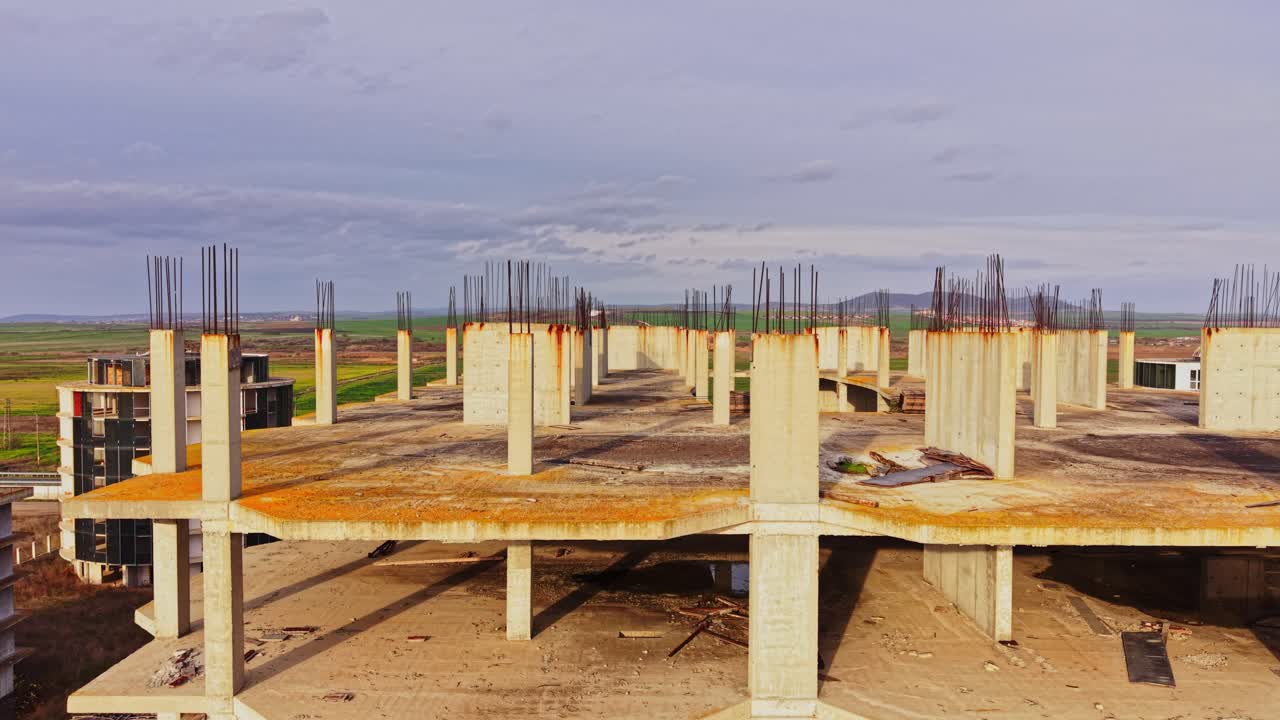 Urban landscape of abandoned construction site captured from above