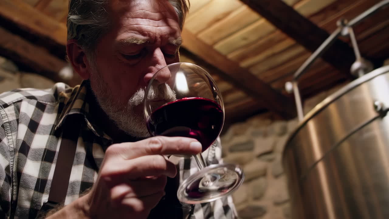 Enologo che degusta vino rosso in una cantina