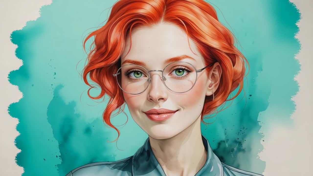 Showing redheaded woman wearing round glasses in watercolor wash deepening via frame change