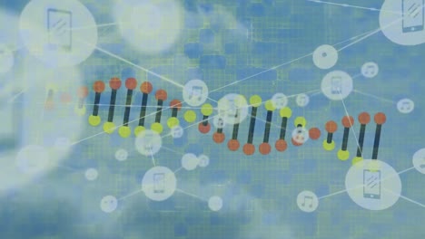 Animation-Eines-Netzwerks-Von-Verbindungen-Mit-Symbolen-über-Einem-DNA-Strang