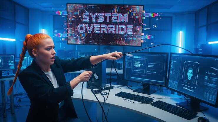 A tech-savvy hacker in a darkened control room bravely executes a system override while manipulating cables and interacting with multiple computer screens filled with data.