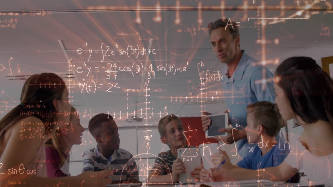 Animasjon av matematiske formler over elever og lærer i klasserom