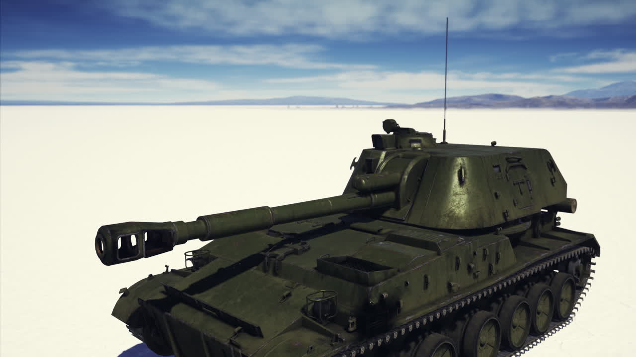 Military tank positioned on a vast snowy landscape under a clear blue sky