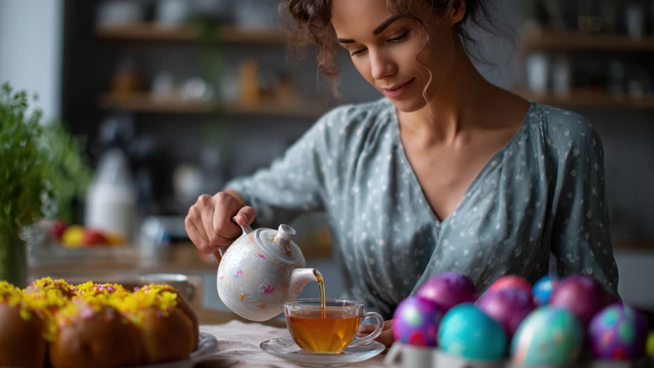 Una donna elegante che versa il tè in una tazza delicata, circondata da uova colorate e dolci festivi, creando un'atmosfera serena e invitante per le celebrazioni primaverili.