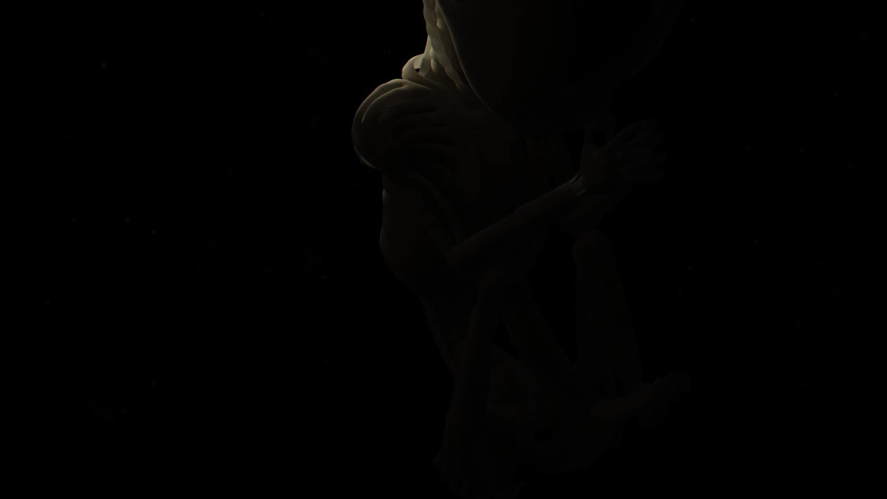 imágenes cautivadoras de un modelo abstracto en 3d de un bebé robot compuesto de huesos, flotando en un vasto espacio negro adornado con partículas, evocando una sensación de futurismo y tecnología avanzada