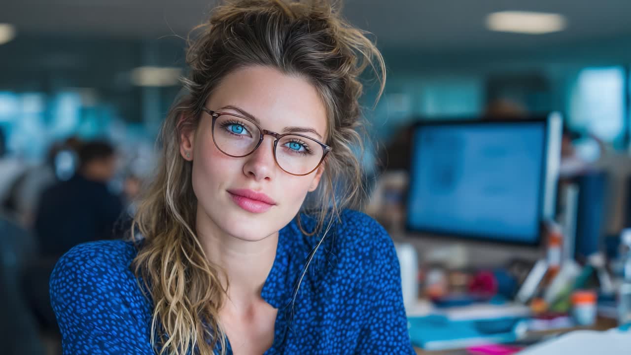 A confident young woman showcasing her beauty and style in an inspiring office environment, embodying professionalism and creativity in a modern workspace setting