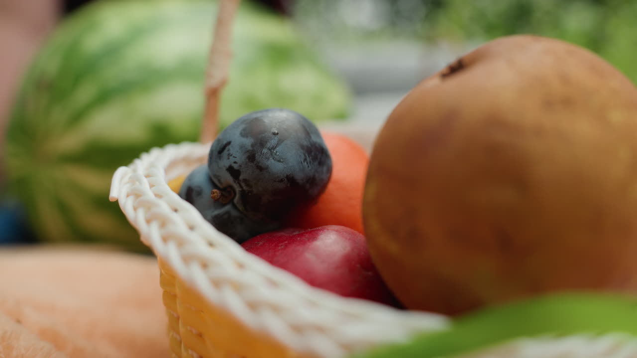 Nærbilde av kurv med blandet frukt, håndplukking av drue nær vannmelon, livlig markeds- eller kjøkkenscene med varmt dagslys, taktil handling med utvelgelse og inspeksjon, klare farger, kurvtekstur og saftig
