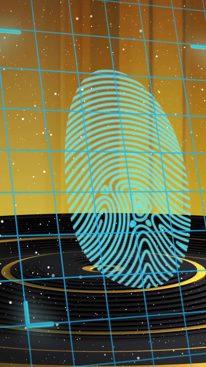 Biometric fingerprint scanning and padlock on shield security icons over moving black podium