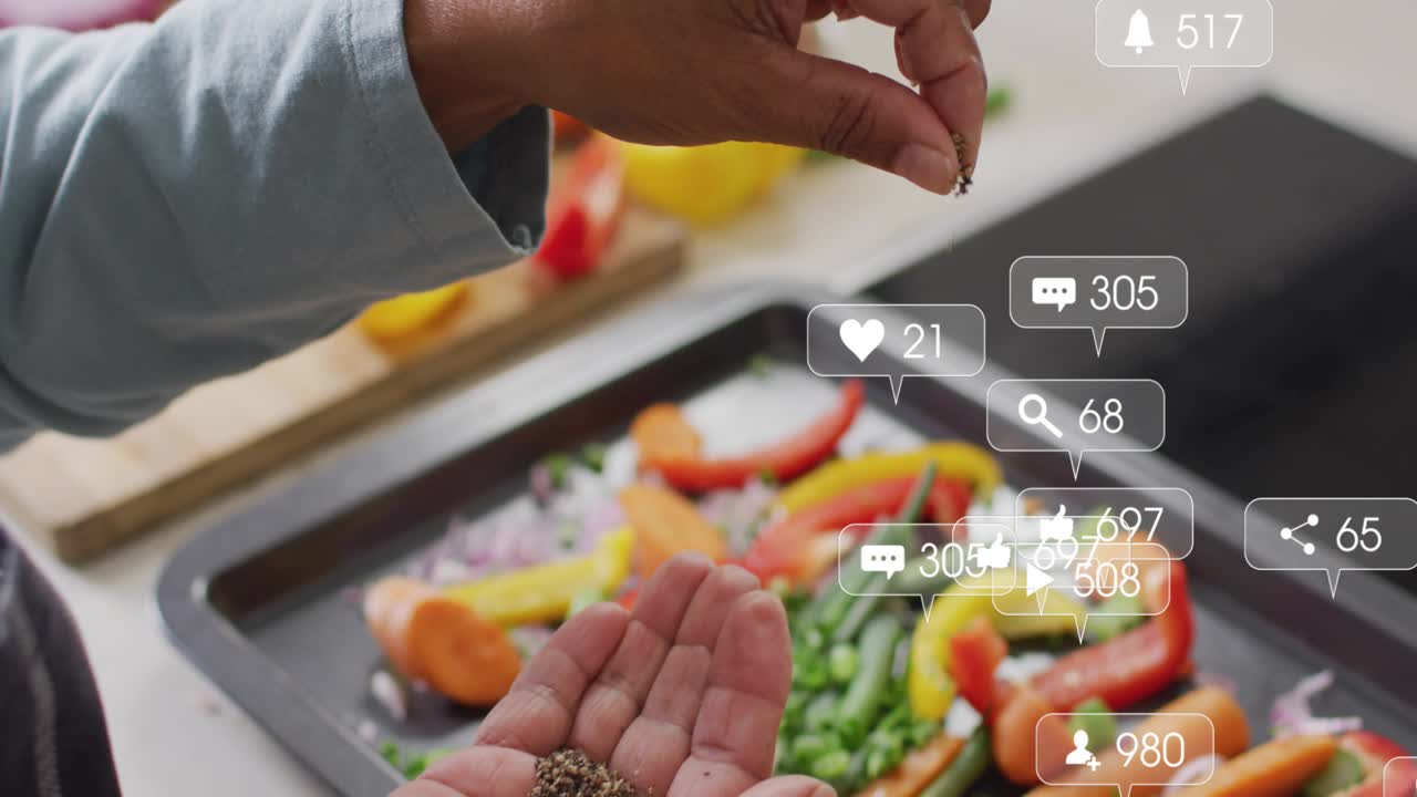 Cook's hands pinching seeds, sprinkling over vegetables while animated social media icons climbing