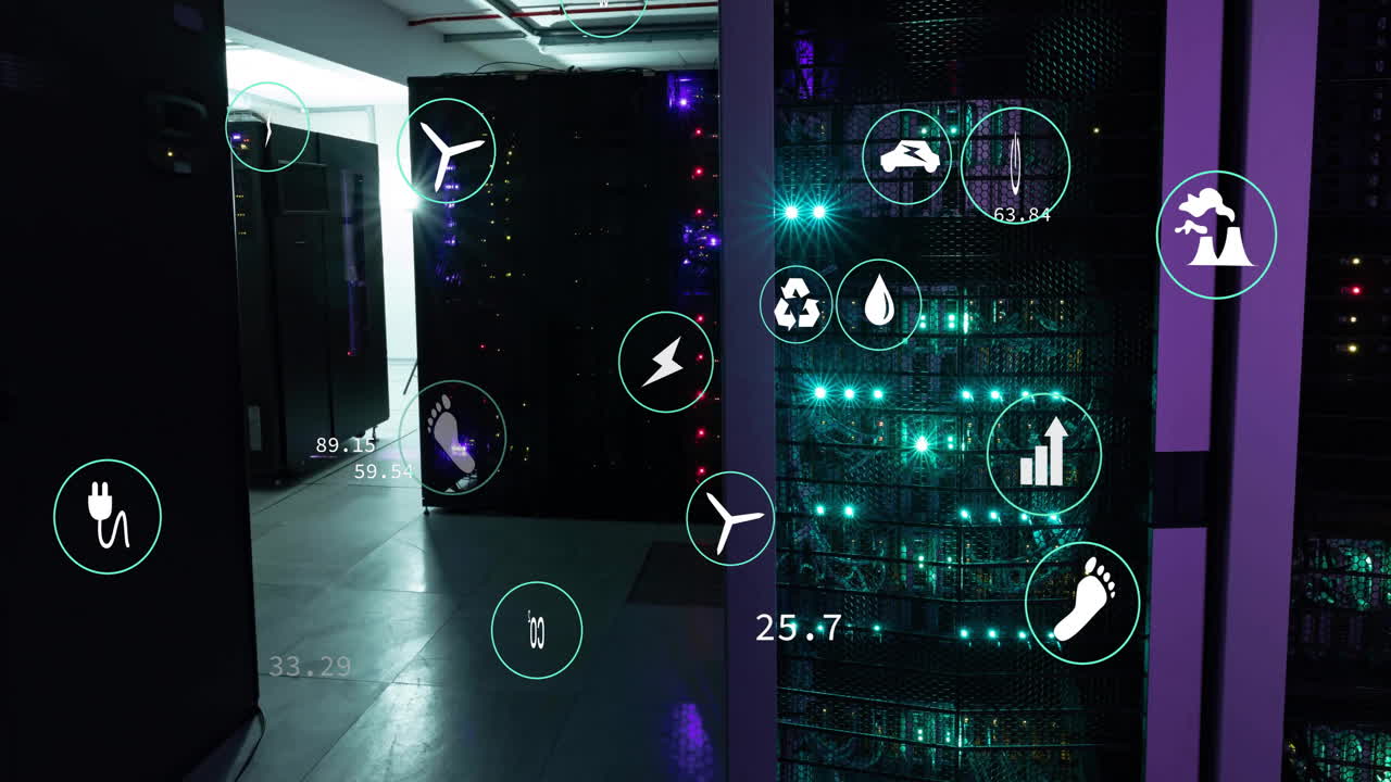 Animation of ecology icons and data processing over server room