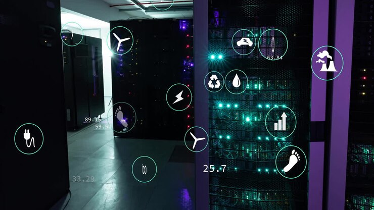 Animation of ecology icons and data processing over server room