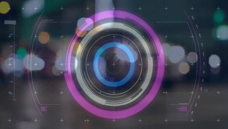 animation of futuristic digital interface with circular patterns over city lights
