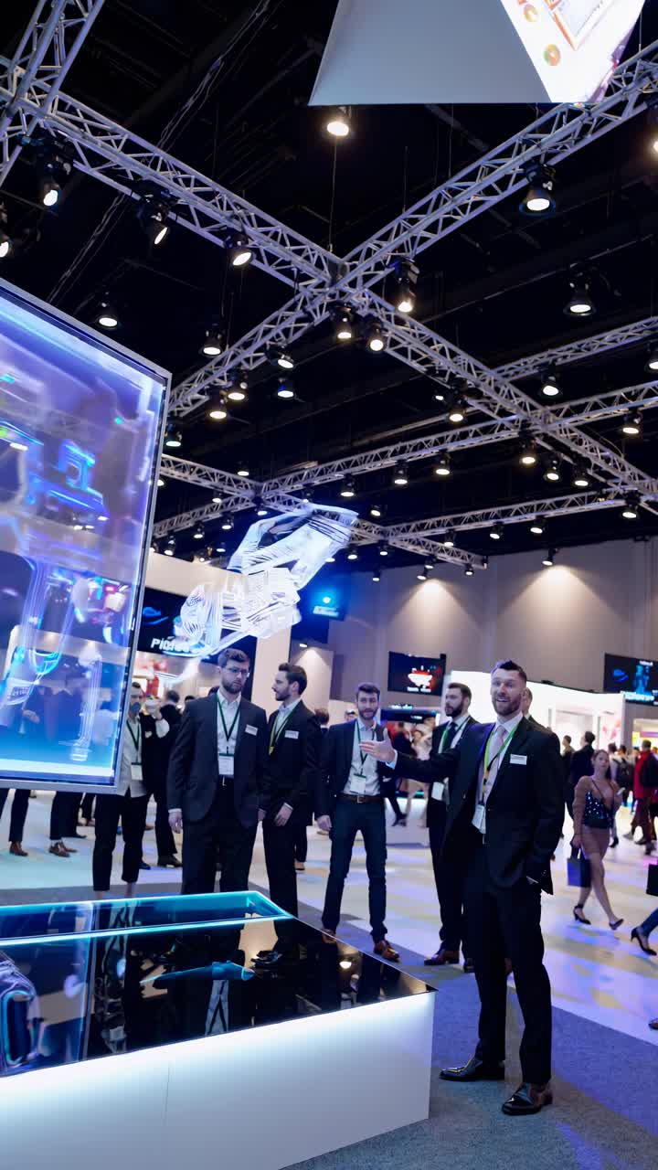 High-angle shot of a modern tech expo, showcasing digital displays and attendees