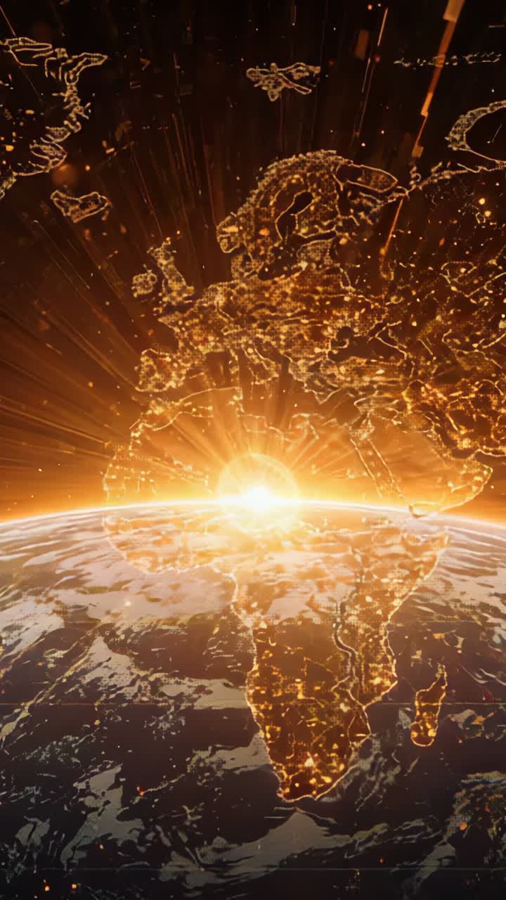 Vertical video: Sun disc rising Earth horizon in space, illuminating globe outlines and networks