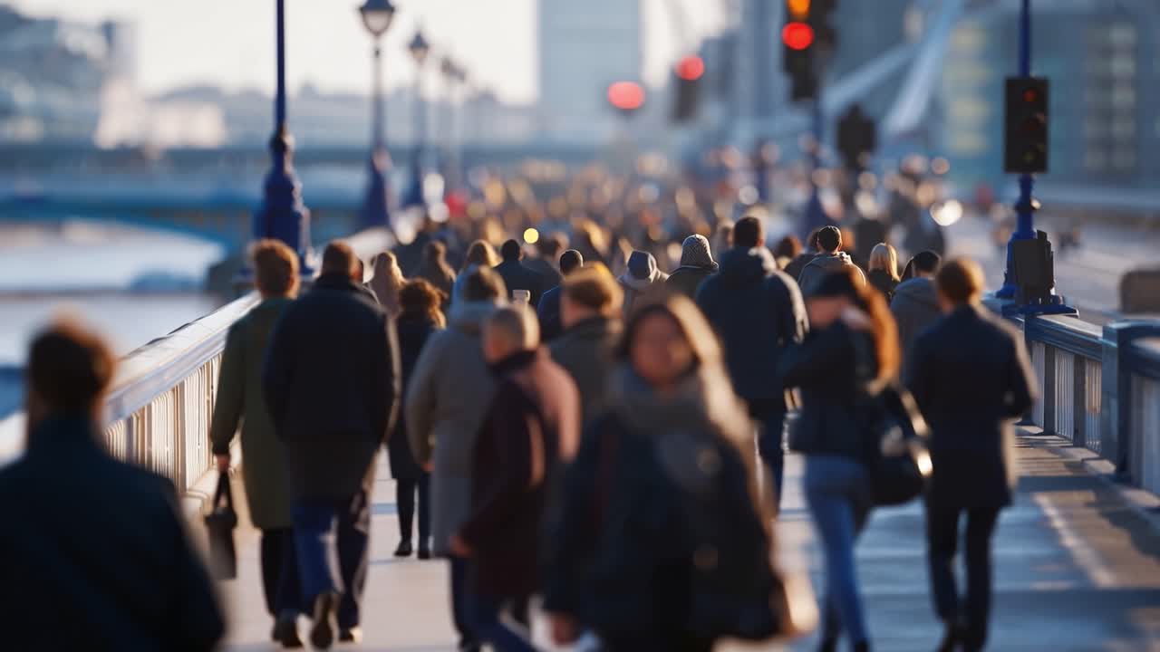 Crowded bridge bustles with commuters in winter coats. Sunlight glints off wet pavement as people hurry past. Red lights blink, signaling rhythm of urban life. Pedestrians move purposefully