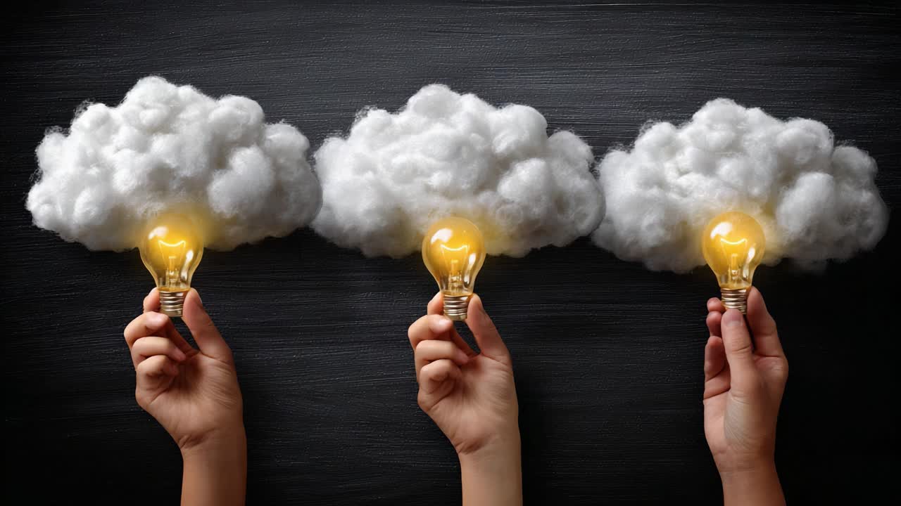 Creative Concept of Illumination: Hands Holding Light Bulbs Emerging from Fluffy Clouds Symbolizing Ideas, Inspiration, and Innovation Captured in Artistic Imagery