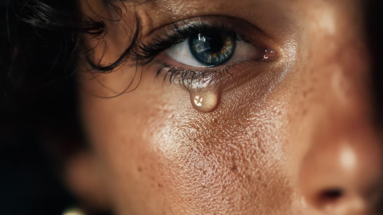 Close-up of a person's eye capturing an emotional moment with a tear rolling down their cheek, highlighting vulnerability and raw human emotions in a striking visual contrast