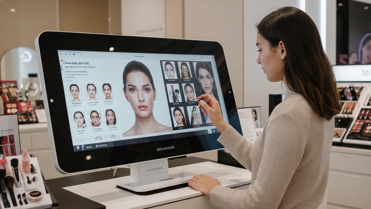 A woman uses an advanced digital makeup tool on a touchscreen to explore different cosmetic looks and styles in a modern beauty retail environment