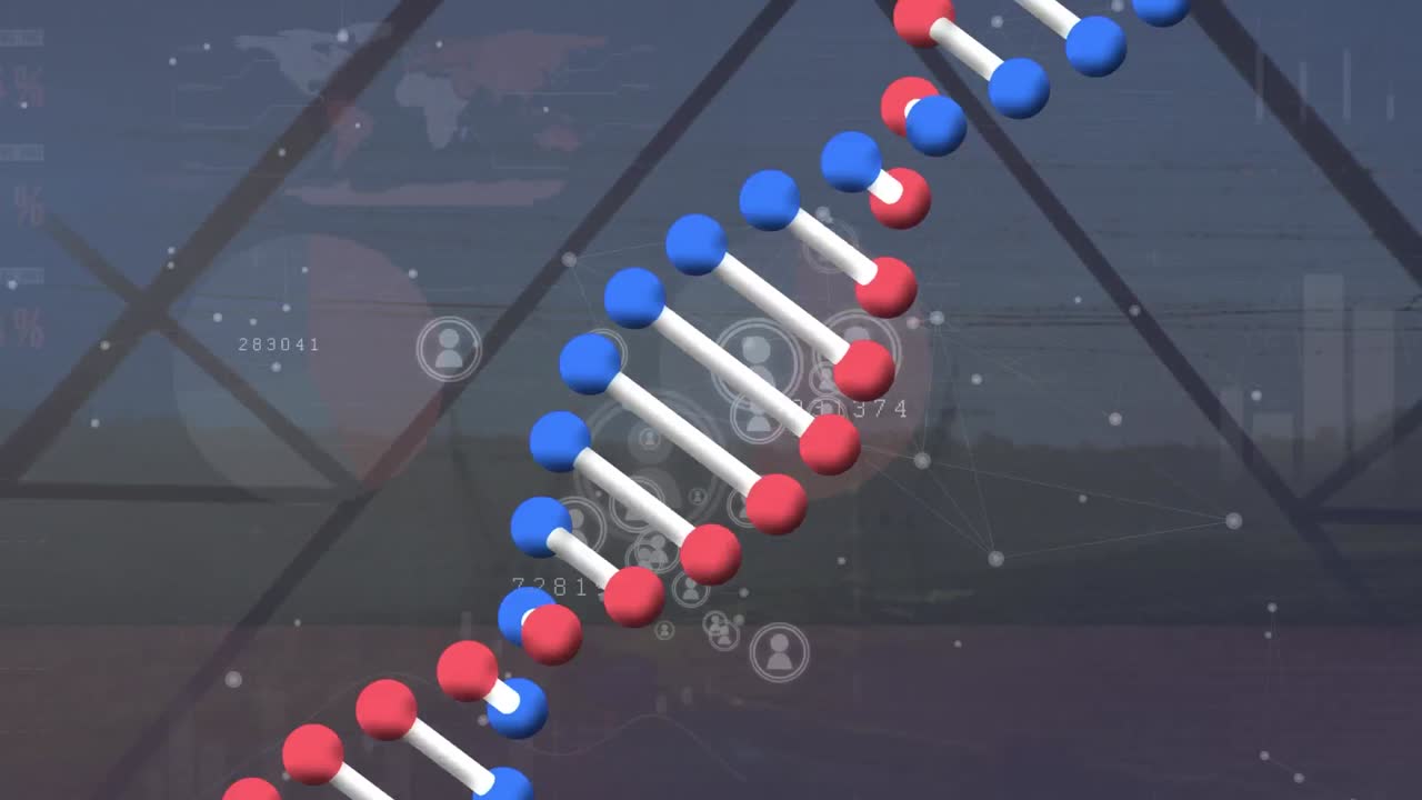 dna의 애니메이션과 다양한 아이콘과 전기 기둥 위의 그래프