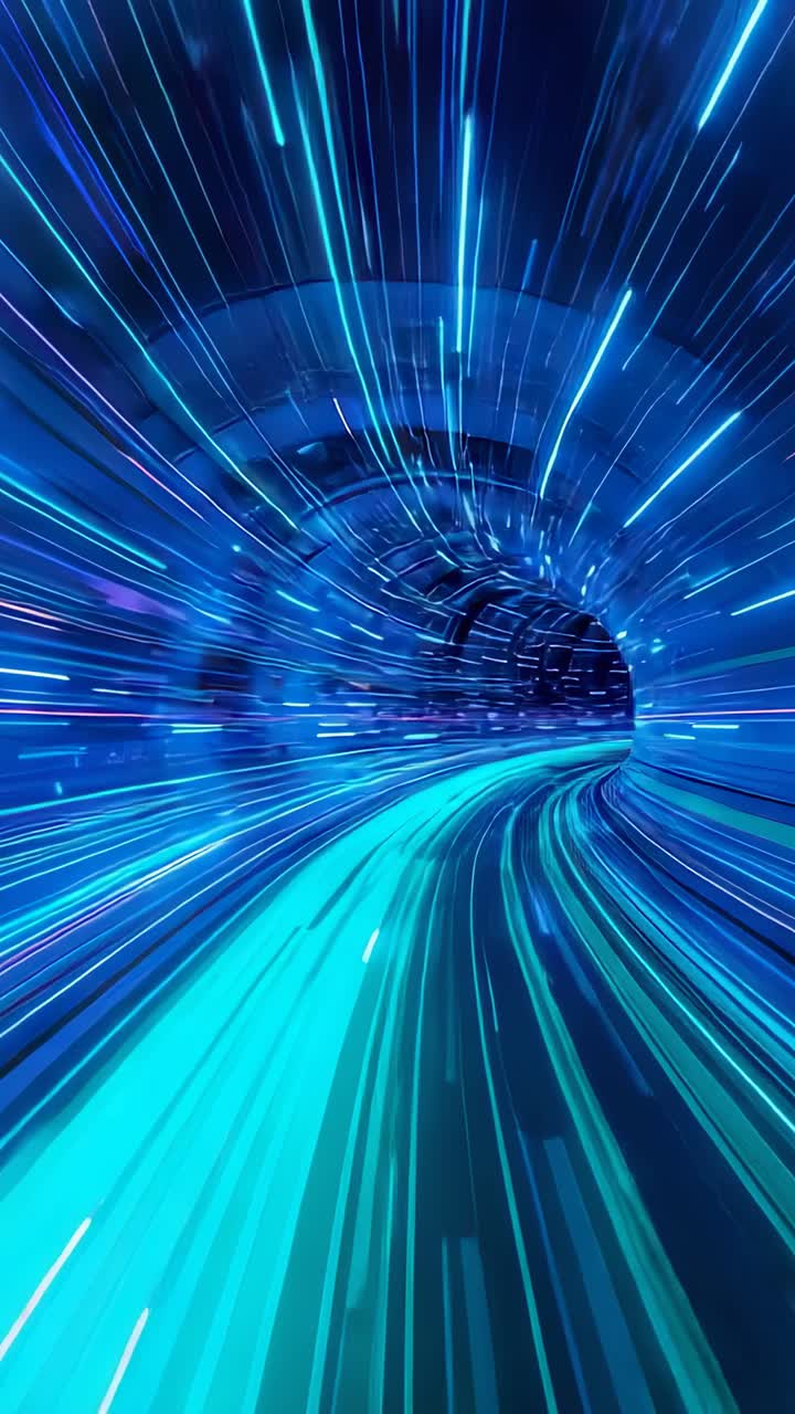 Video verticale: traccia ciano curva che guida la camera in avanti attraverso un tunnel per rivelare l'apertura interna