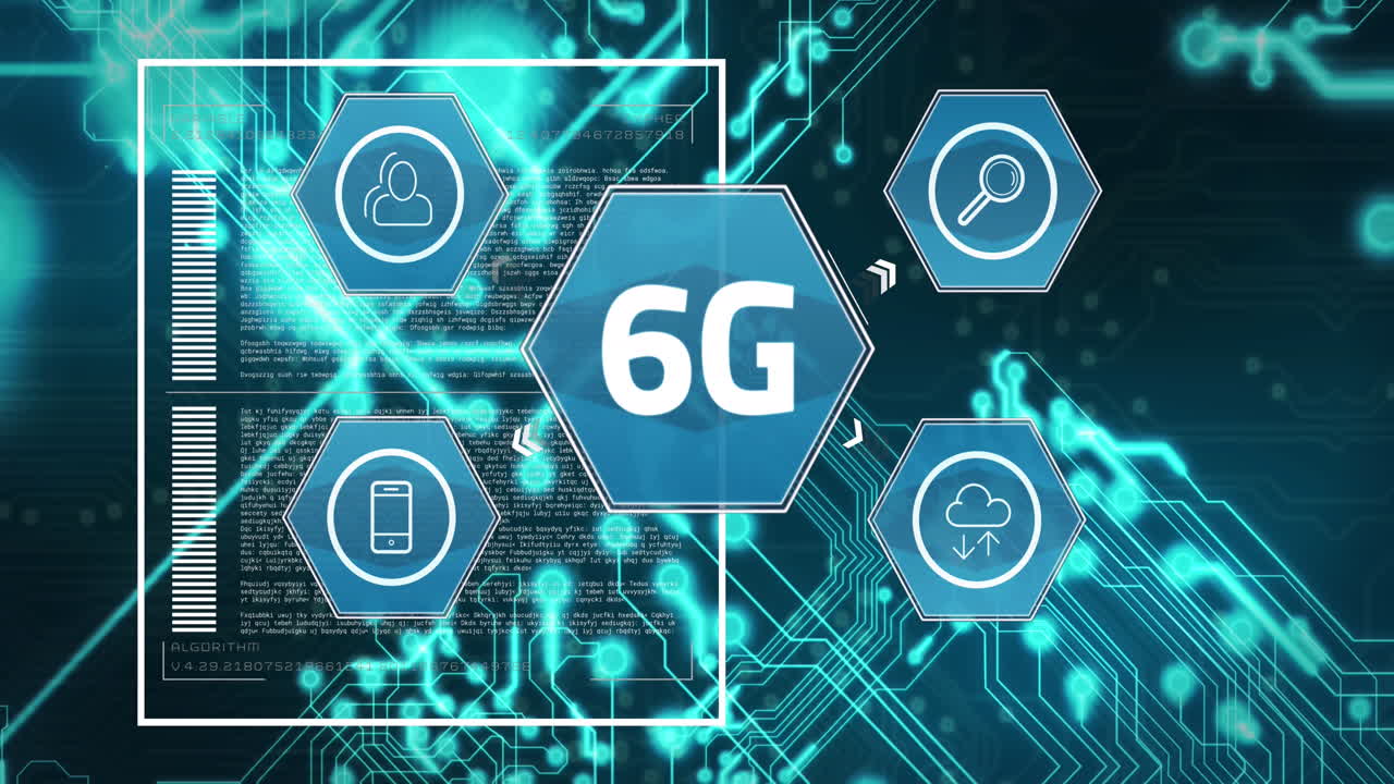 animación de una placa de circuito de computadora con procesamiento de datos y texto de 6 g