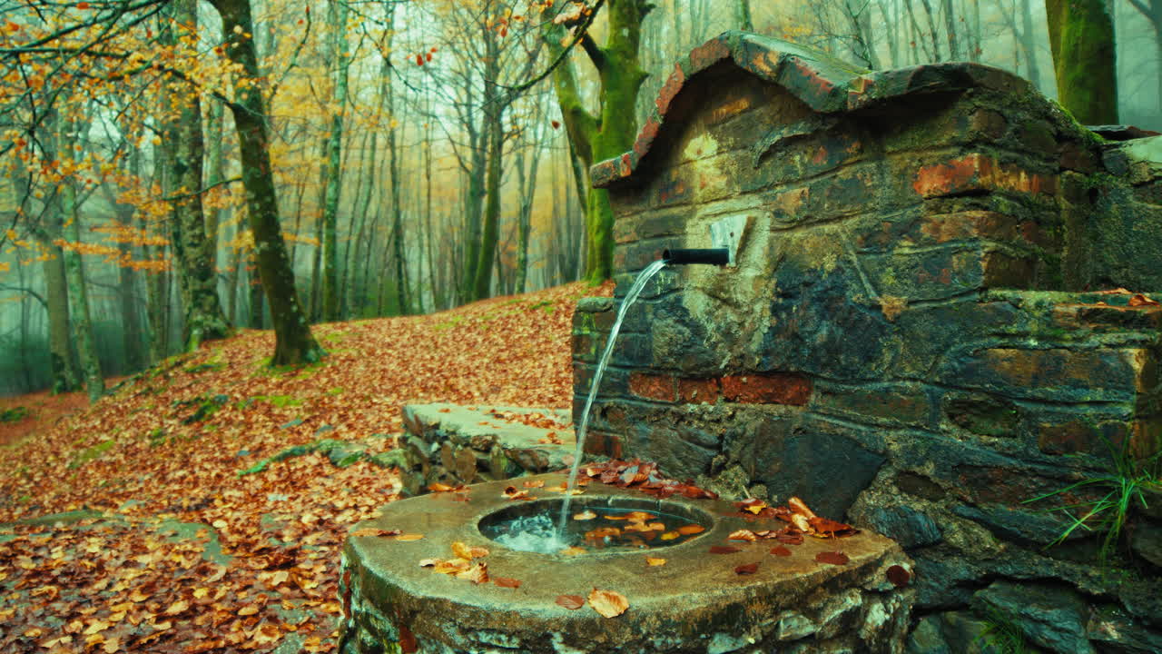 Acqua di montagna fresca, limpida e sana che scorre in una fredda giornata autunnale