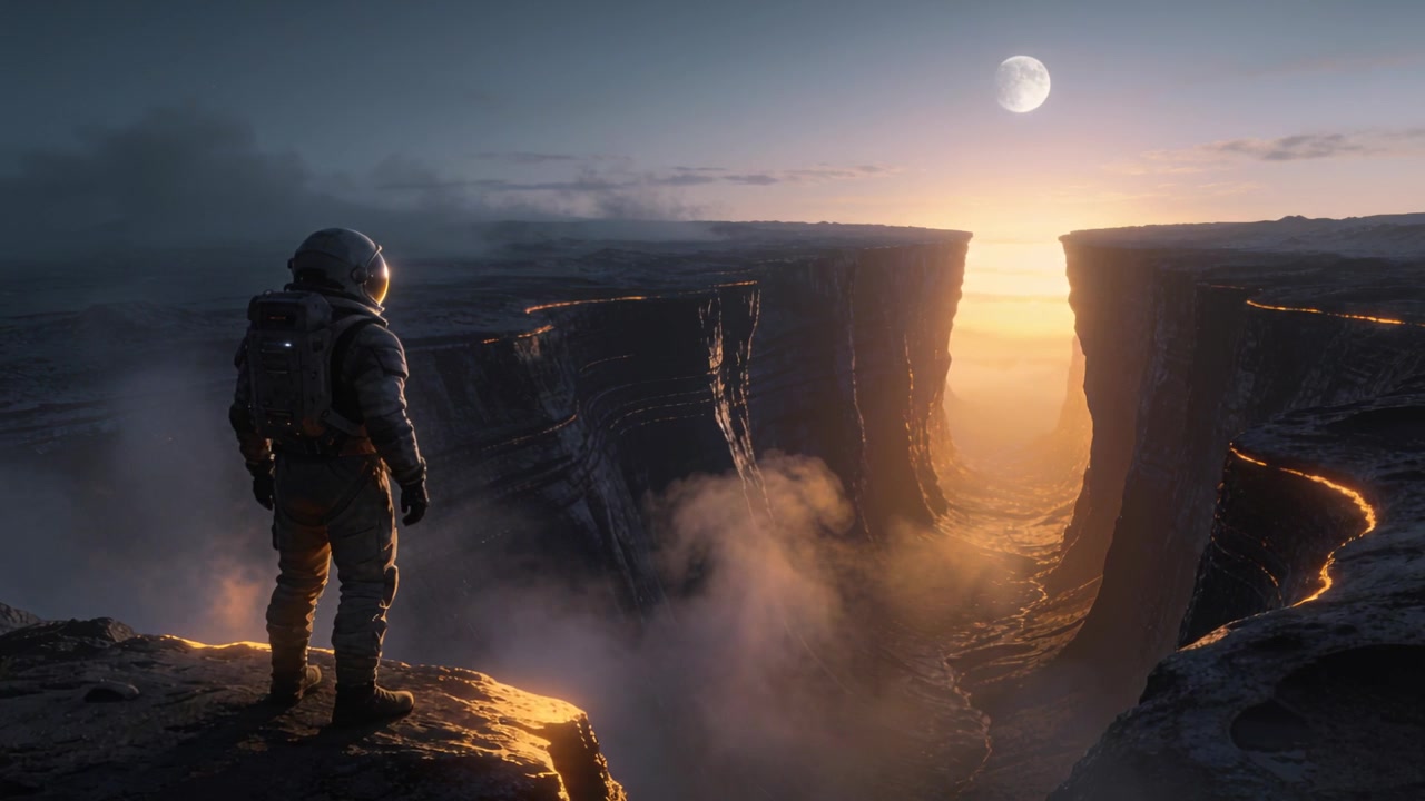Astronauta in piedi in tuta che osserva una gola del canyon illuminarsi di un bagliore dorato sulla scogliera, zaino, spazio per il testo.